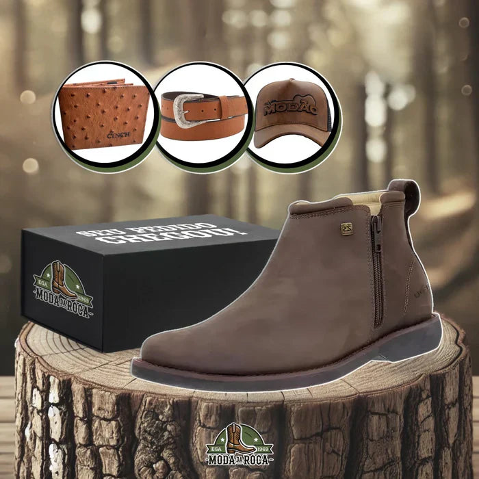 Kit Bota Zavu Casual Ortopédica Masculina de Cuero Legítimo + 3 REGALOS: Cinturón, Gorra y Cartera