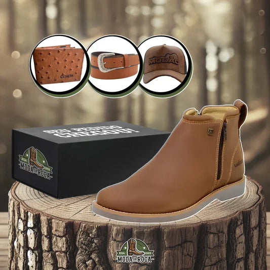 Kit Bota Zavu Casual Ortopédica Masculina de Cuero Legítimo + 3 REGALOS: Cinturón, Gorra y Cartera