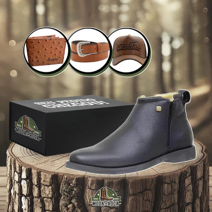 Kit Bota Zavu Casual Ortopédica Masculina de Cuero Legítimo + 3 REGALOS: Cinturón, Gorra y Cartera