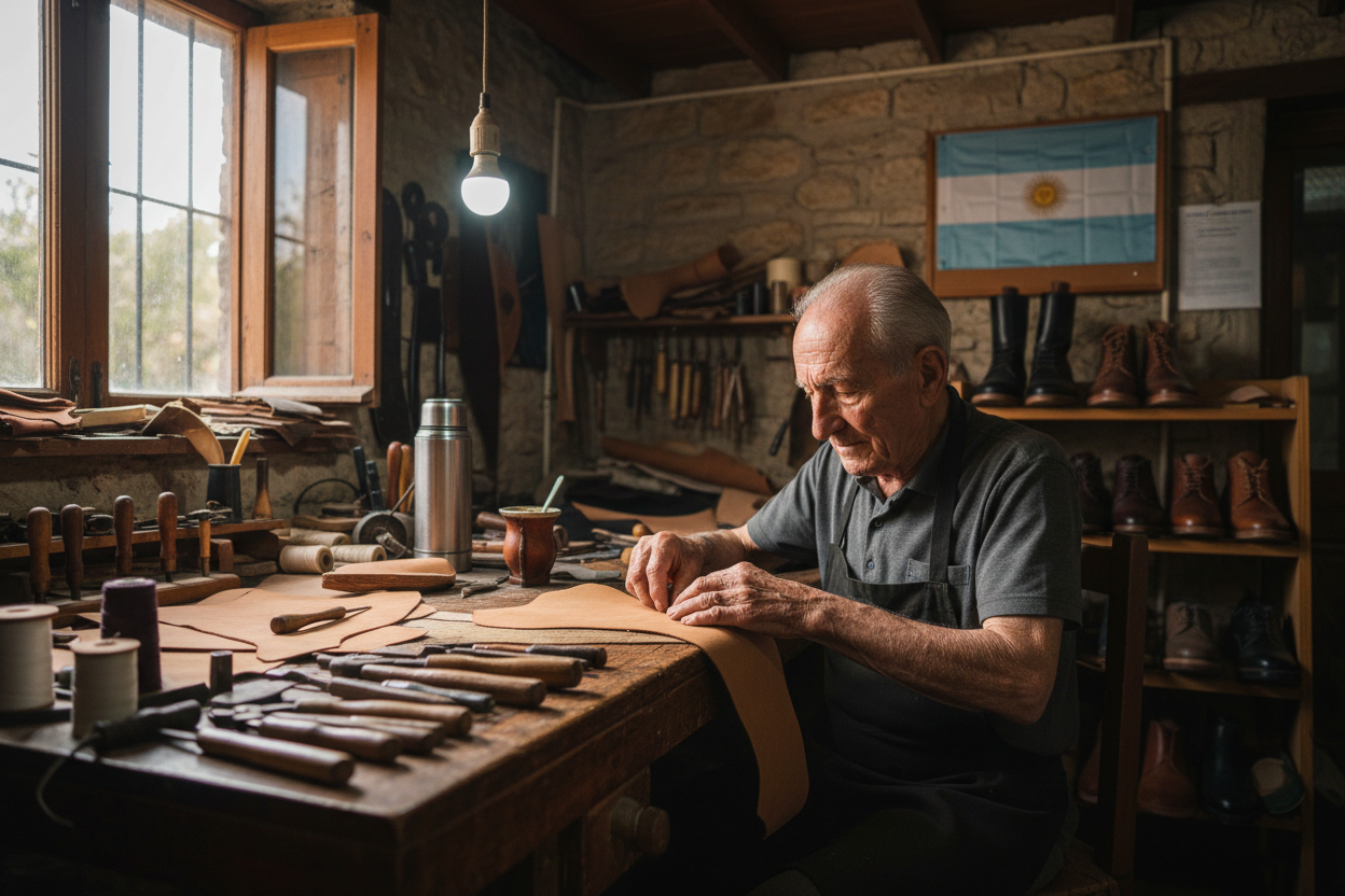 artesano haciendo calzado sobre 60 años y con toque argentino