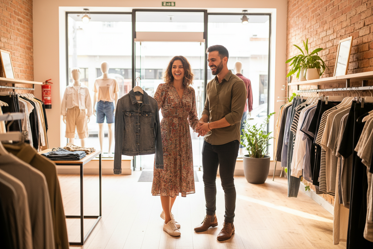 pareja de jovenes argentinos modernos en una tienda de ropa felices